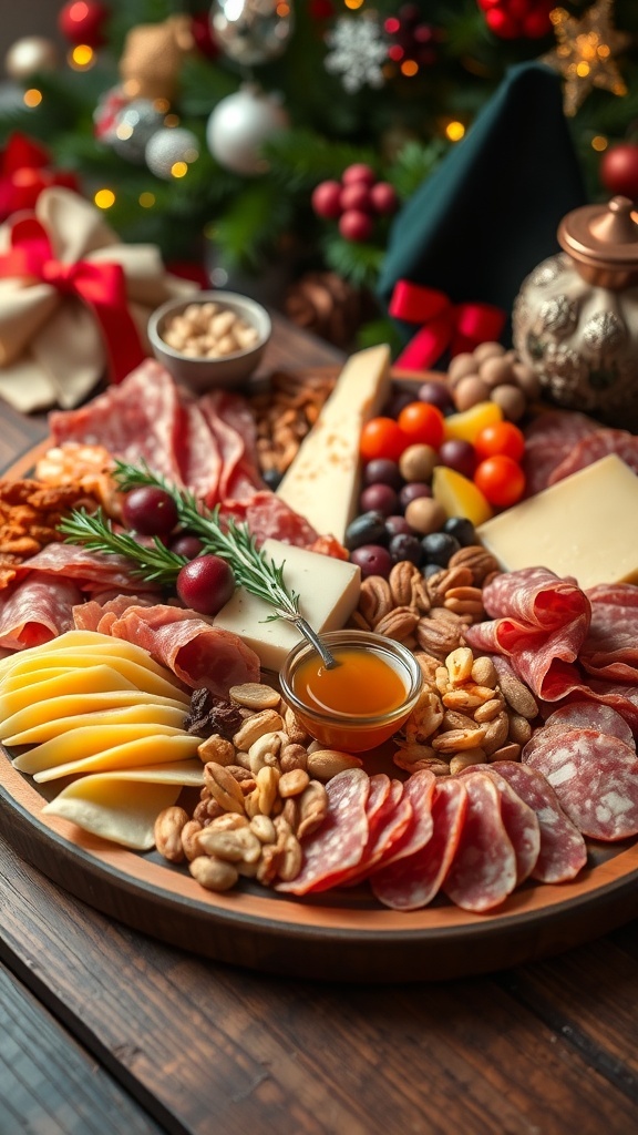 A festive charcuterie board with cured meats, cheeses, fruits, and nuts, decorated with rosemary for a Christmas party.